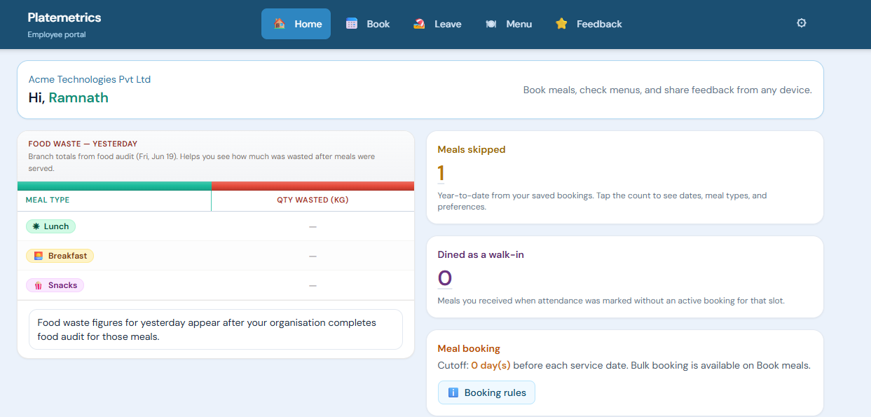 Employee portal showing food waste data, booking rules, and meal history